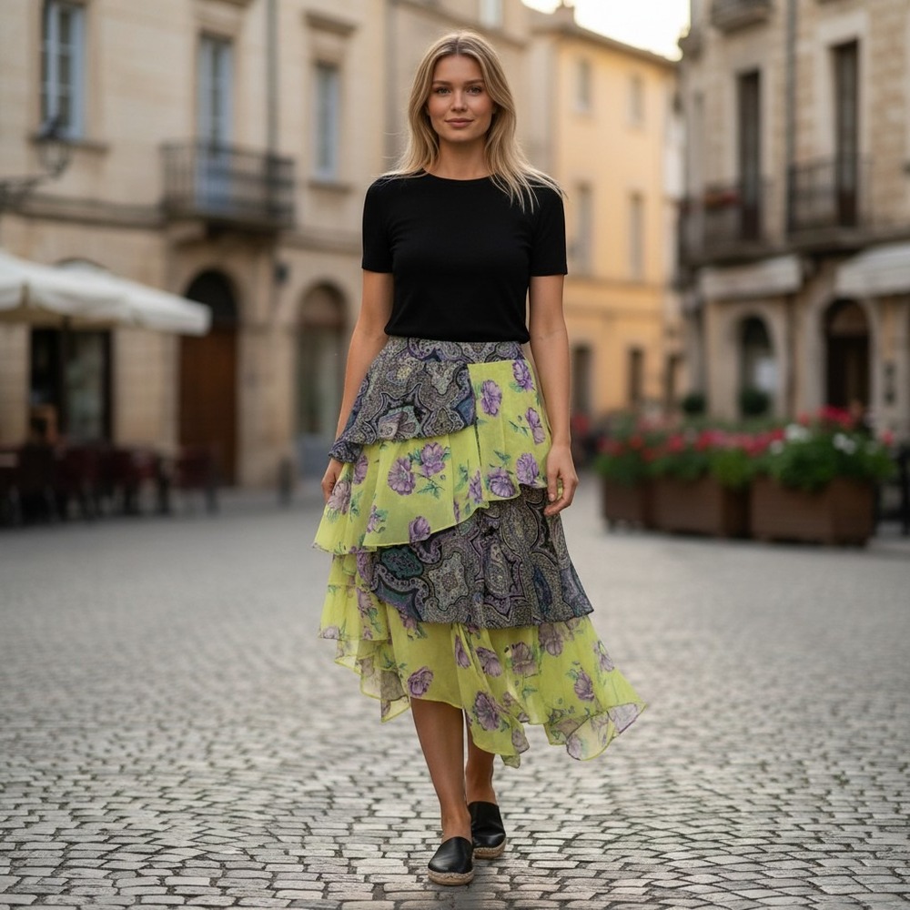 Etro Milano Silk Tiered Ruffle Skirt Lime Green Floral Paisley IT 46 US 10